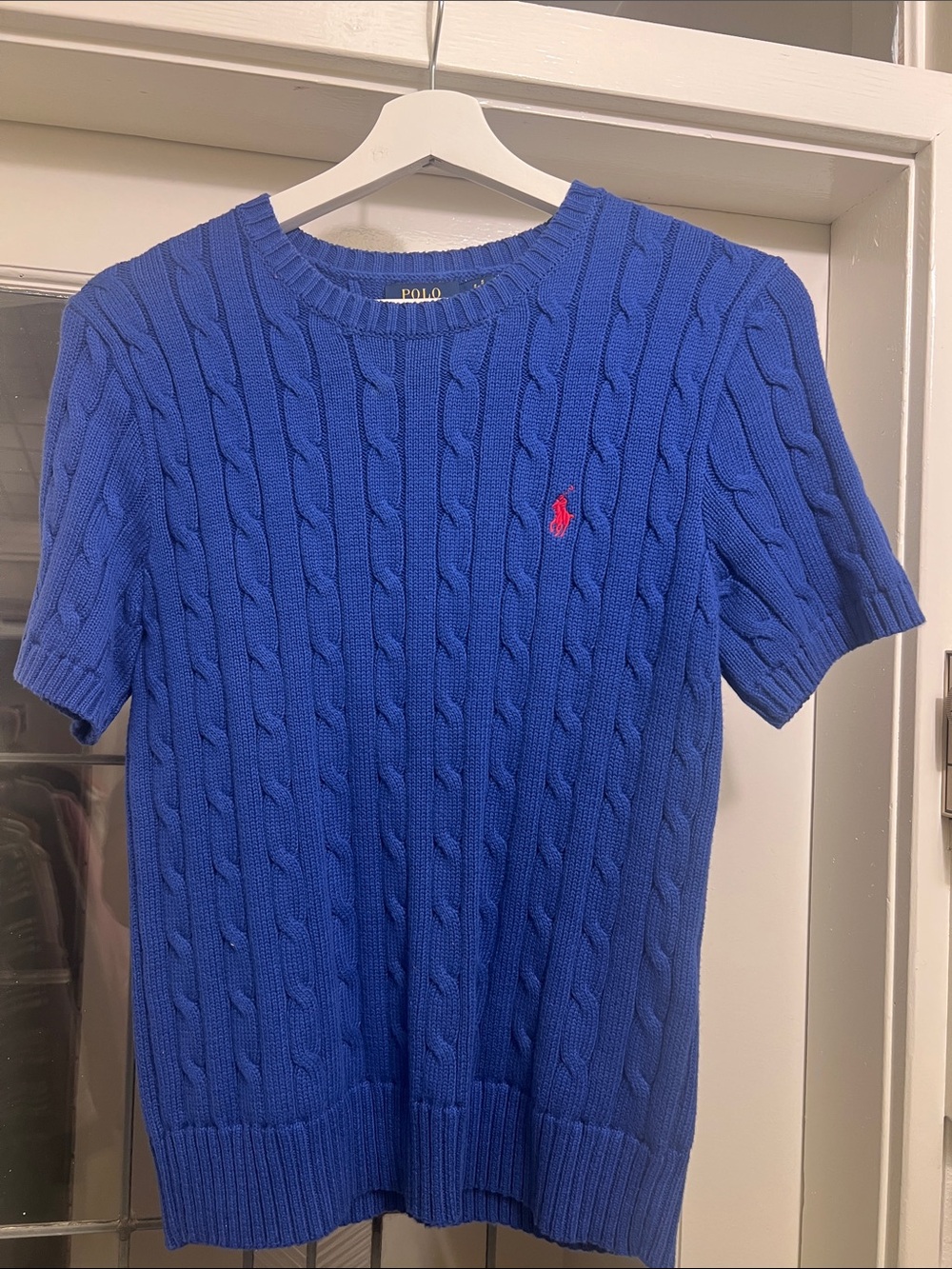 Polo by Ralph Lauren Cable-Knit Short-Sleeve Sweater in Royal Blue with Red Pony